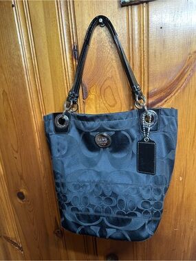 Coach Black Signature Jacquard Tote with Leather Accents